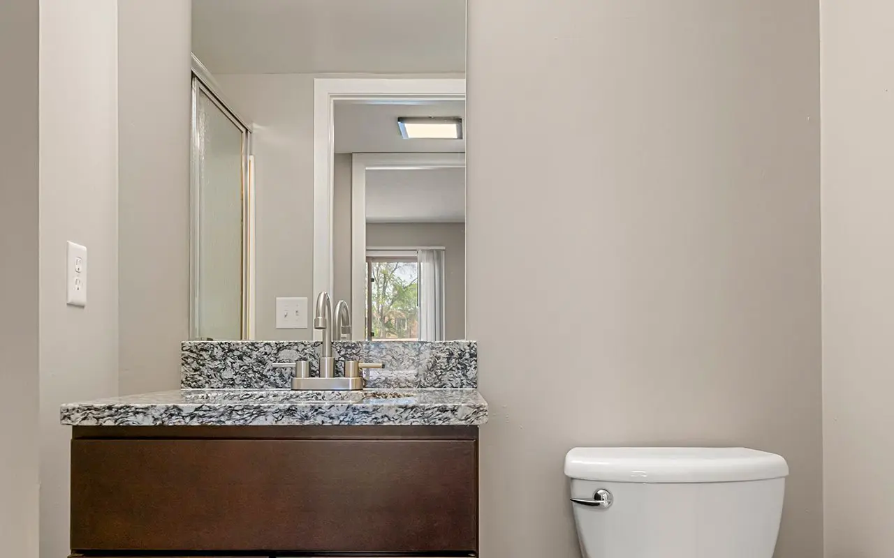 A bathroom with a granite countertop vanity, a sink with a faucet, a wall-mounted mirror, and a white toilet. A shower with a glass door is visible in the background.