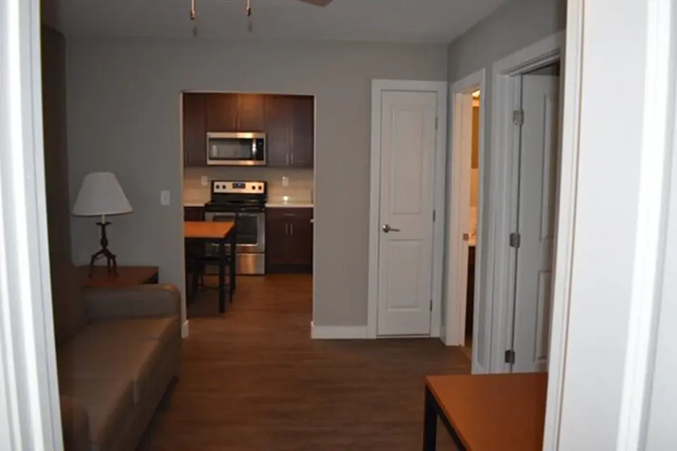 View of a small apartment interior with a living area, kitchenette with stainless steel appliances, and doors leading to other rooms.