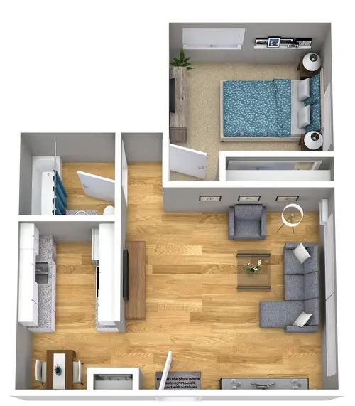 3D floor plan of a one-bedroom apartment featuring a bedroom, bathroom, kitchen, dining area, and living room with wood flooring and modern furniture.