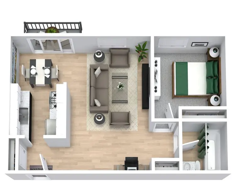 3D floor plan of a one-bedroom apartment showing a kitchen, dining area, living room, bedroom, bathroom, and balcony.
