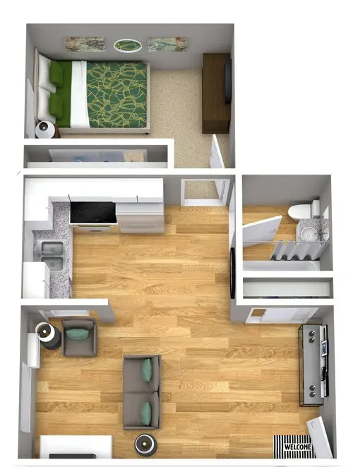 3D floor plan of a small apartment with one bedroom, one bathroom, kitchen, and living area with two chairs and a sofa.