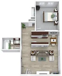 A 3D floor plan of a one-bedroom apartment featuring a bedroom, bathroom, open-plan kitchen, dining area, and living room with modern furnishings.