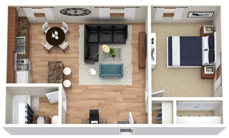 A top-down view of a one-bedroom apartment layout featuring a kitchen, dining area, living room, bathroom, and bedroom with a bed and closet.