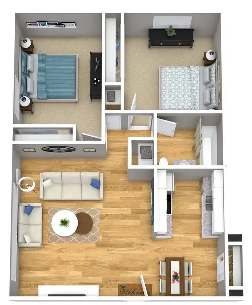 3D floor plan of a two-bedroom apartment featuring a living room, kitchen, dining area, bathroom, and two bedrooms with hardwood and carpeted flooring.