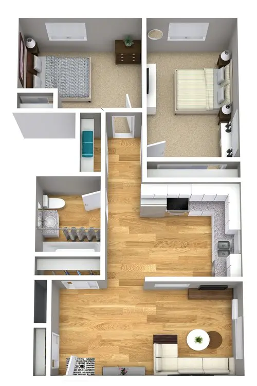 3D floor plan of a two-bedroom apartment with a bathroom, kitchen, and living room featuring wood and carpet flooring.