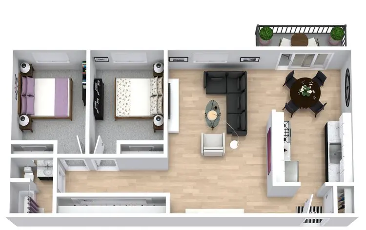3D floor plan of an apartment with two bedrooms, a bathroom, open living and dining area, kitchen, and a balcony.