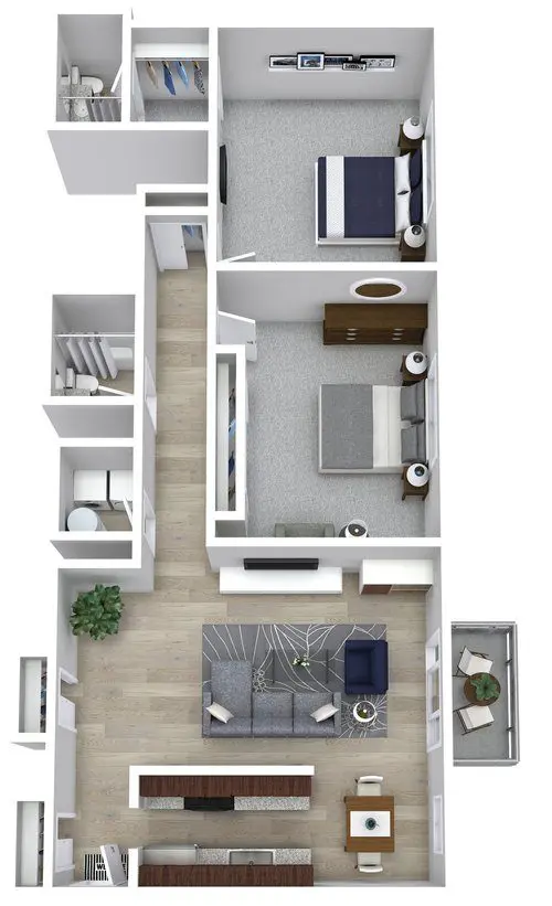 A 3D floor plan of a modern apartment with two bedrooms, one bathroom, a kitchen, dining area, living room, closets, and a small balcony.