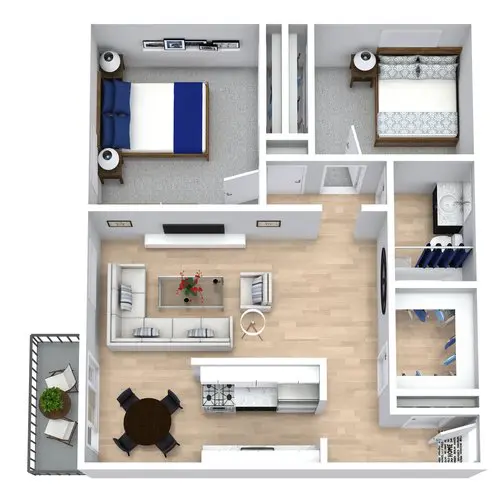3D floor plan of a two-bedroom apartment featuring a living room, dining area, kitchen, bathroom, and balcony.