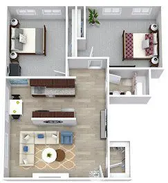3D floor plan showing two bedrooms, a bathroom, a kitchen with dining area, and an open living room with sofas, coffee table, and TV.