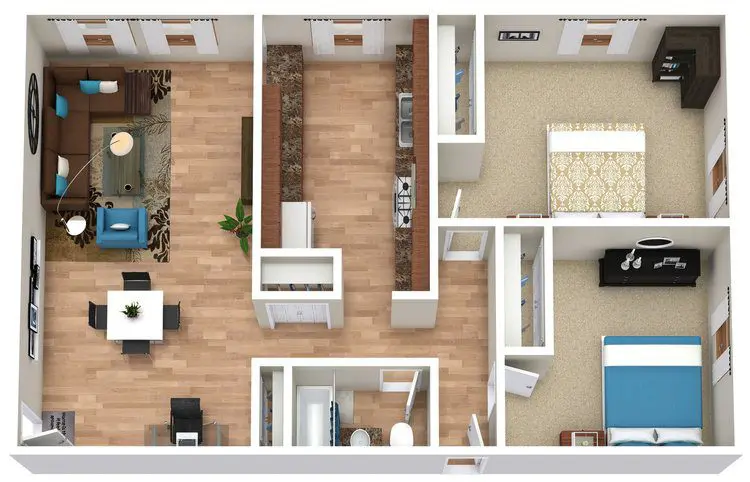 Top-down view of a two-bedroom apartment floor plan with a living room, dining area, kitchen, bathroom, and two bedrooms with beds and furniture.
