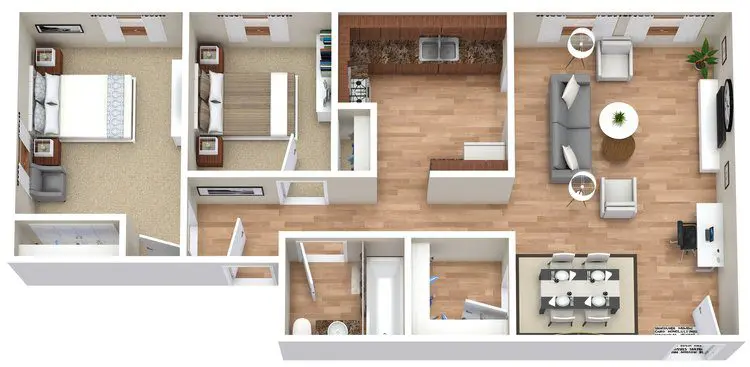 A 3D floor plan of an apartment with two bedrooms, one bathroom, a kitchen, living room, dining area, and a small office space.