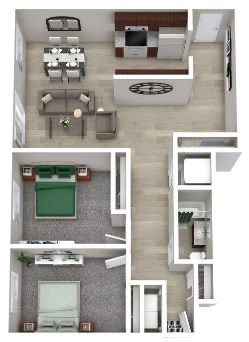3D floor plan of an apartment with two bedrooms, one bathroom, a living and dining area, and a kitchen. The layout features modern furnishings and wood flooring in common spaces.
