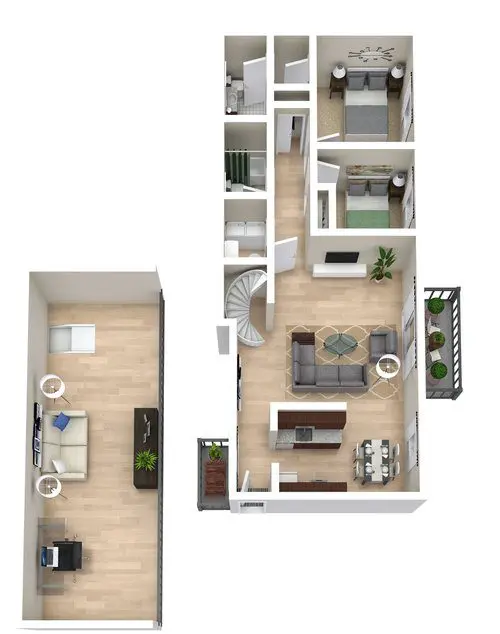 3D floor plan of an apartment featuring two bedrooms, one bathroom, a living room, kitchen, dining area, balcony, and a separate office space.