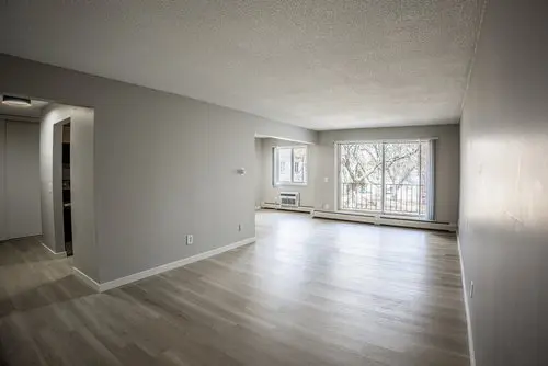 Unfurnished, empty living room with light wood floors, gray walls, large windows, and a view of trees outside. Natural light fills the space.