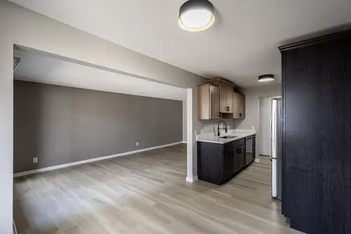 Open-plan kitchen and living area with light wood flooring, grey walls, dark cabinetry, and stainless steel appliances under ceiling-mounted lights.