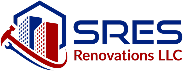 Logo for SRES Renovations LLC, featuring stylized blue and red buildings, a house outline, and a hammer and wrench forming a swoosh to the left of the company name.