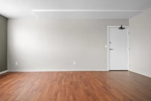 Empty room with light gray walls, white baseboards, a closed white door, and hardwood flooring.