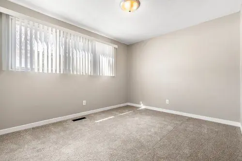 Empty room with beige carpet, light gray walls, a ceiling light fixture, and a large window with vertical blinds letting in natural light.