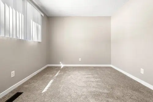 Empty room with beige carpet, light gray walls, and vertical blinds covering a window letting in natural light. Multiple electrical outlets are visible along the walls.