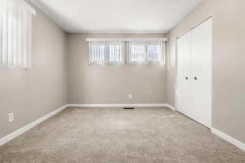 Empty room with beige carpet, light gray walls, two small windows with vertical blinds, and a closed white double-door closet.