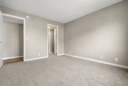 Empty room with beige carpet, light gray walls, a white door leading to a hallway, and an open door revealing a small closet area. Natural light brightens the space.
