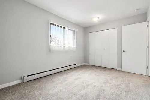 Empty bedroom with beige carpet, white walls, a window with vertical blinds, a closed closet, and a closed door under a ceiling light.