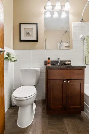 A bathroom with a toilet, dark wood vanity with sink, mirror, wall art, towel rack, and overhead lights above the mirror.
