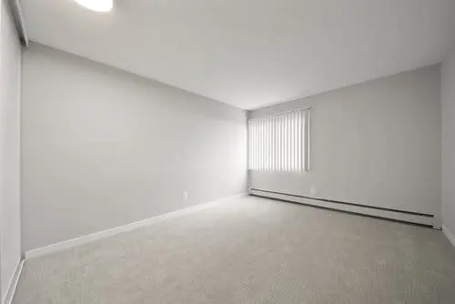 Empty room with light-colored carpet, white walls, and a window with vertical blinds letting in natural light.