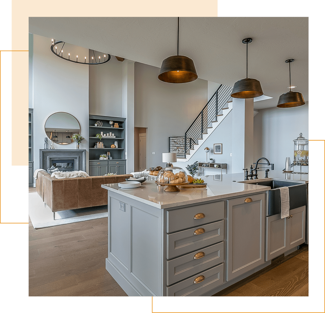 Modern open-concept kitchen and living area with a large island, brass pendant lights, a staircase, and a fireplace with built-in shelves.