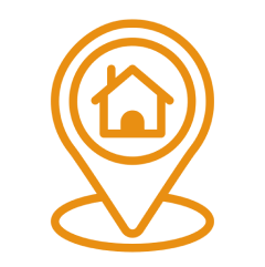 Orange location pin icon with a house symbol inside, indicating a home or property location.