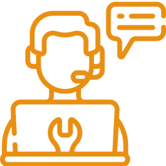 Orange line drawing of a person with a headset at a computer with a wrench symbol, and a speech bubble indicating communication or tech support.