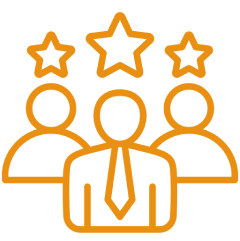 Outline of three people with stars above their heads, with the center figure wearing a tie, representing rating or recognition.