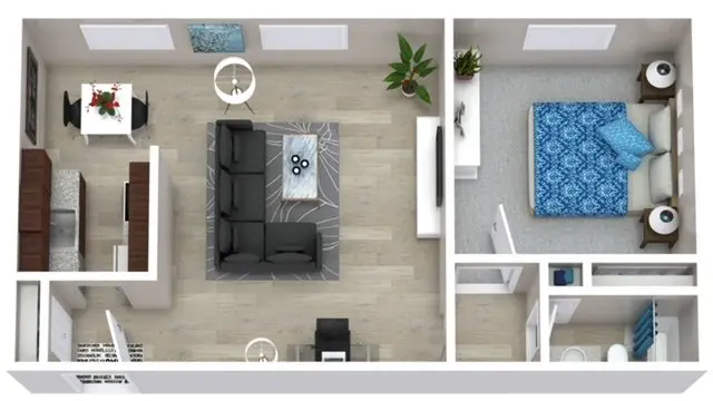 Top-down view of a one-bedroom apartment layout with a living area, dining space, kitchen, bedroom with blue bedding, and a bathroom.