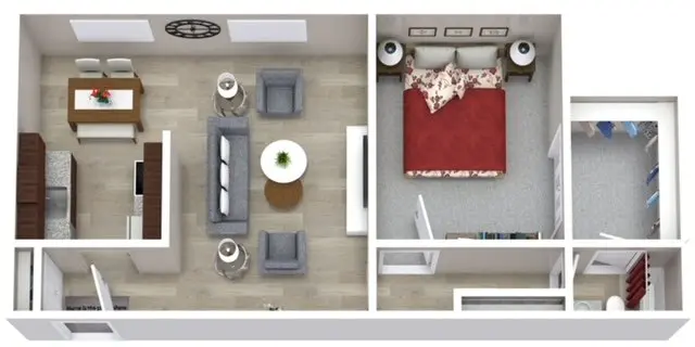 A top-down view of a one-bedroom apartment layout with a living area, dining table, kitchen, bathroom, and bedroom featuring a red bedspread.