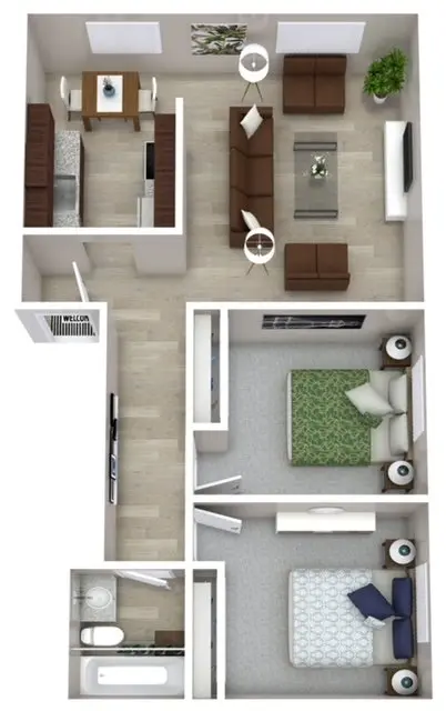 A 3D floor plan showing two bedrooms, a bathroom, a kitchen, a dining area, and a living room with furniture and decor.