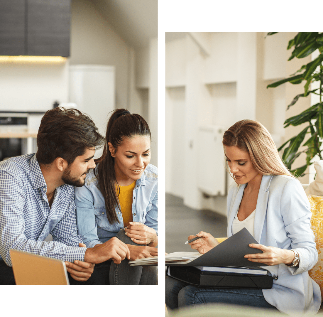 A couple sits together reviewing documents, while a woman in a blazer goes over paperwork separately in a bright, modern office setting.