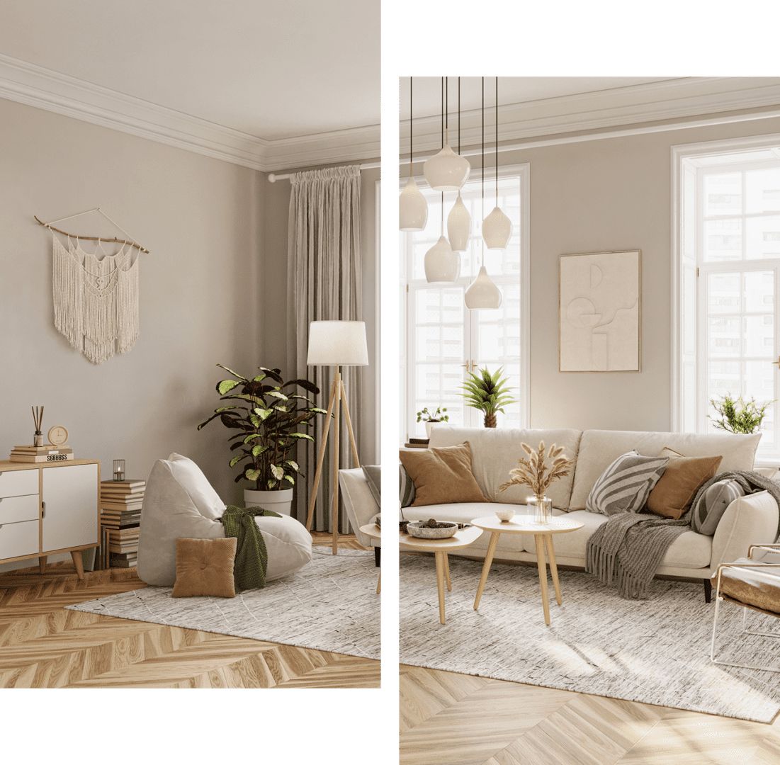 A modern living room with neutral tones, featuring a sofa, coffee table, bean bag, indoor plants, and wall decor in a well-lit space with wooden flooring.
