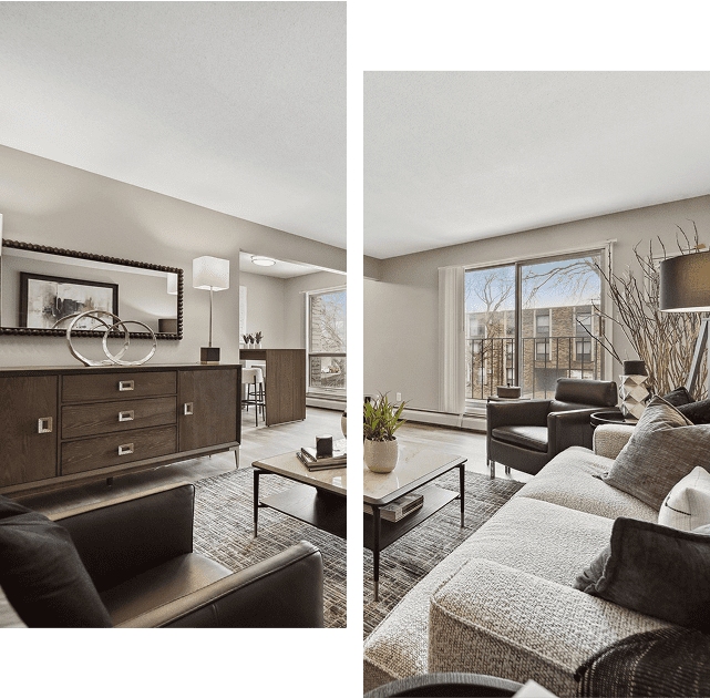 Split image of a modern living room and dining area with mid-century furniture, neutral tones, large window, and decorative accents.