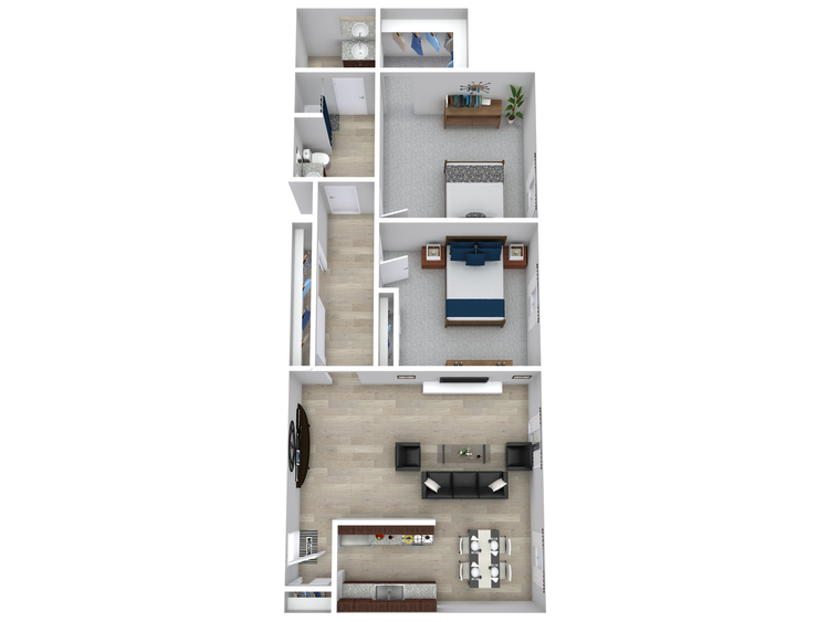 3D floor plan of an apartment with two bedrooms, one bathroom, a kitchen, dining area, and living room, all connected by a central hallway.