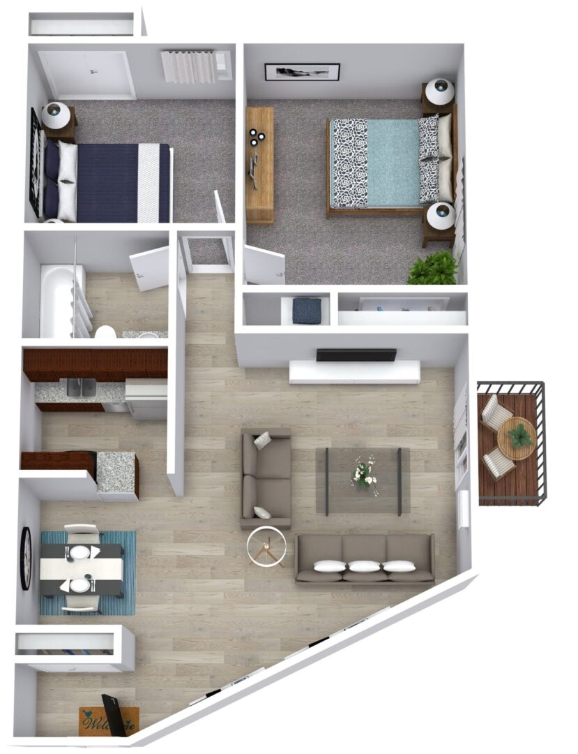 3D floor plan of a two-bedroom apartment with a living room, dining area, kitchen, bathroom, and a small balcony.